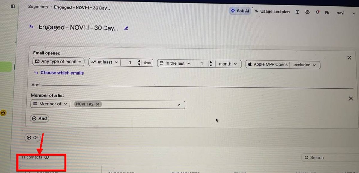 NoviMarketer's tweet photo. 241 contacts → 11 engaged leads.

My Brevo filter:
• Opened in last 30d
• Member of NOVI-I #2

11 engaged = 50% open rate
241 cold = spam folder

Segment > spam.

#EmailMarketing #Brevo https://t.co/fdQ0WIUBLN