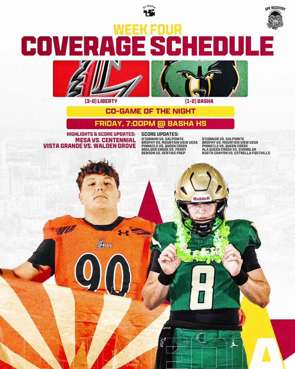 BJMedia1's tweet photo. Happy Friday! Loaded coverage schedule tonight with @Mason_Byers5 with me at Liberty @ Basha for our @APERecoveryNW Game of the Night and @lance_parise at Williams Field @ Red Mountain for our other Game of the Night. We will also be also be posting updates from several other games around the valley and Southern AZ.

🎨: @k7arts_az