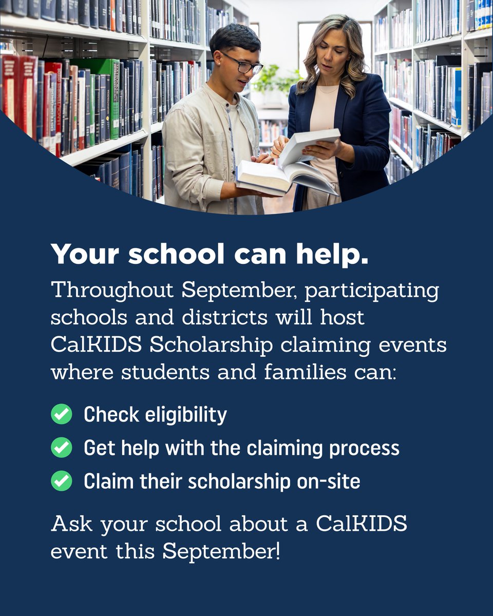 CalkidsProgram's tweet photo. 🎓 September is CalKIDS Scholarship Month! Eligible public school students across California could have up to $1,500 waiting for their future education. Schools are hosting events throughout September to help families claim their scholarships. Check now at https://t.co/uWSB8bI6wW https://t.co/uAviXRJuof