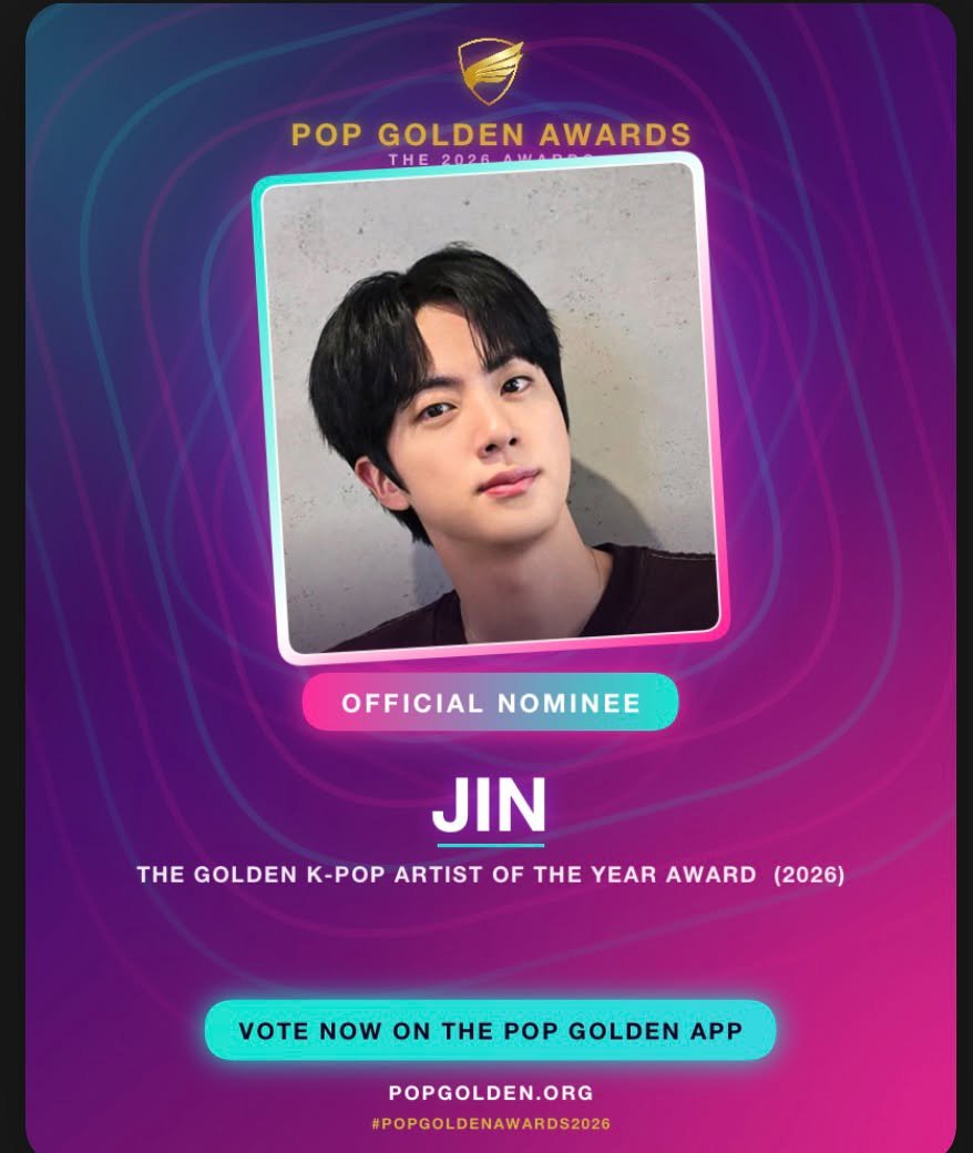 jinelsalvador's tweet photo. 🏆 GOLDEN AWARDS 2026 — ¡VOTEMOS POR JIN!

Tenemos 3 categorías en la misma página:

🥇 Golden KOREAN RECORD OF THE YEAR
🎵 DSYLM — JIN
🔗 https://t.co/OdN2lA2VTQ

🥇 Golden K-pop Artist of the Year
👑 JIN
🔗 https://t.co/vJ3UrKBtlB

🥇 Golden K-POP SONG OF THE YEAR Award (2026)
🎵 DSYLM — JIN
🔗 https://t.co/TEPZjX1b5s

⏰ 1 voto cada hora por categoría
📲 Comparte tu voto para conseguir 1 voto extra.

🎟️ Descarga la app POP GOLDEN y recolecta tickets de votos para sumar más votos.

🟢Android:https://t.co/lKFhE4D8NS

🍎iOS:  https://t.co/EbLyIx13Zx

¡AUMENTEMOS EL GAP!
Cada voto cuenta. No dejemos pasar ninguna hora, Atunas.