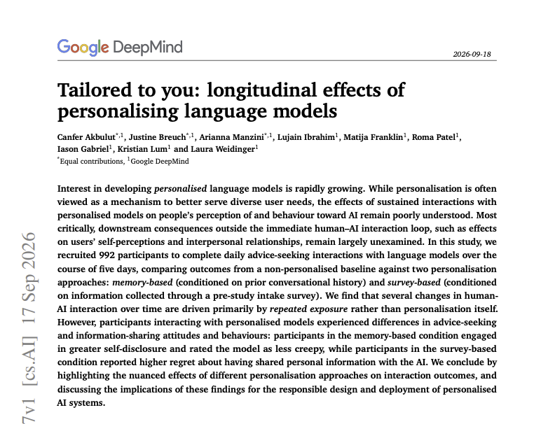 Oxkatkat's tweet photo. More disclosure alongside less perceived creepiness is the result I'd pay attention to.

A five-day study with 992 participants compared a non-personalized model with two personalization approaches: one using prior conversation history and one using information from a pre-study survey.

The memory-based condition produced greater self-disclosure while participants also rated the model as less creepy.

Many other changes over the five days were driven mainly by repeated exposure rather than personalization itself.

https://t.co/QEfz4017DF