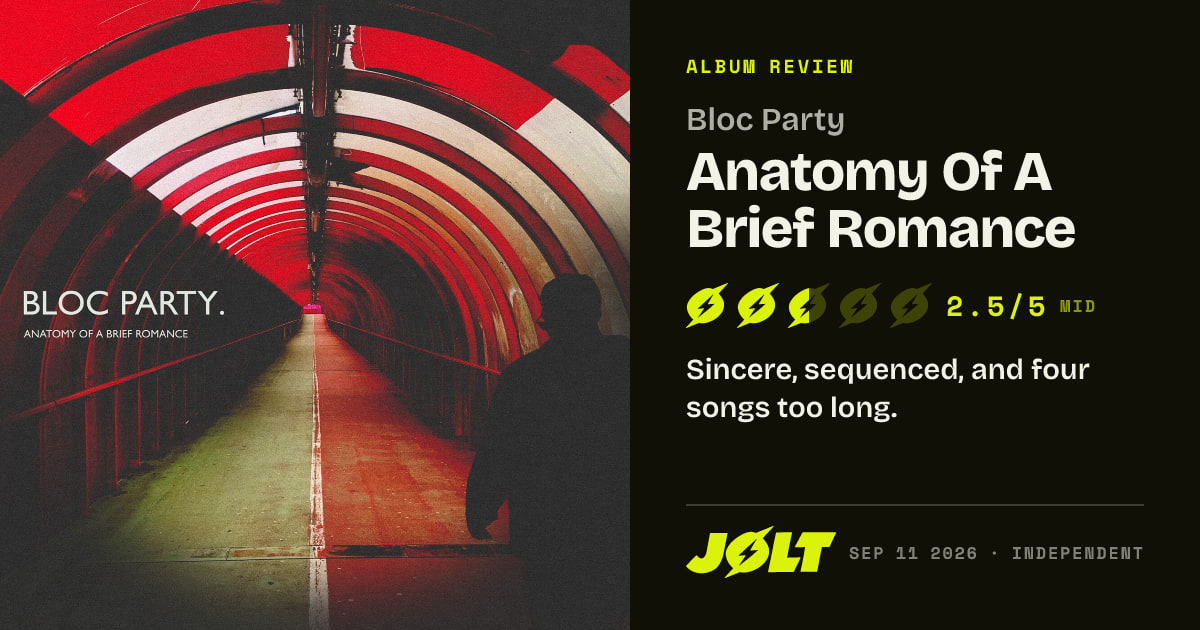 JOLT_Magazine's tweet photo. @EzraCollective @elizarosewatson @MCRofficial @Mattberninger …and the one that didn't survive.

Bloc Party — Anatomy Of A Brief Romance
2.5/5 · MID

“Sincere, sequenced, and four songs too long.” https://t.co/PQdfRhr39p