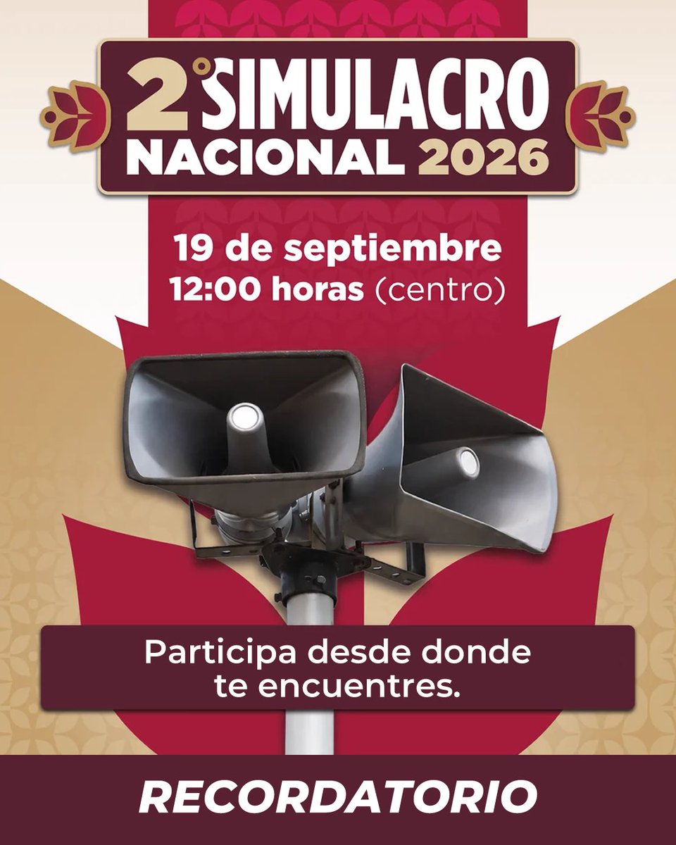 Uphmdifusion's tweet photo. 🚨 Recordatorio | 2.º Simulacro Nacional 2026
Este sábado 19 de septiembre, a las 12:00 h, participa desde donde te encuentres.
Aunque no tendremos actividades académicas, recuerda: mantén la calma y sigue las indicaciones de Protección Civil.
#UPHM #SimulacroNacional2026 https://t.co/4oZDgcvo15