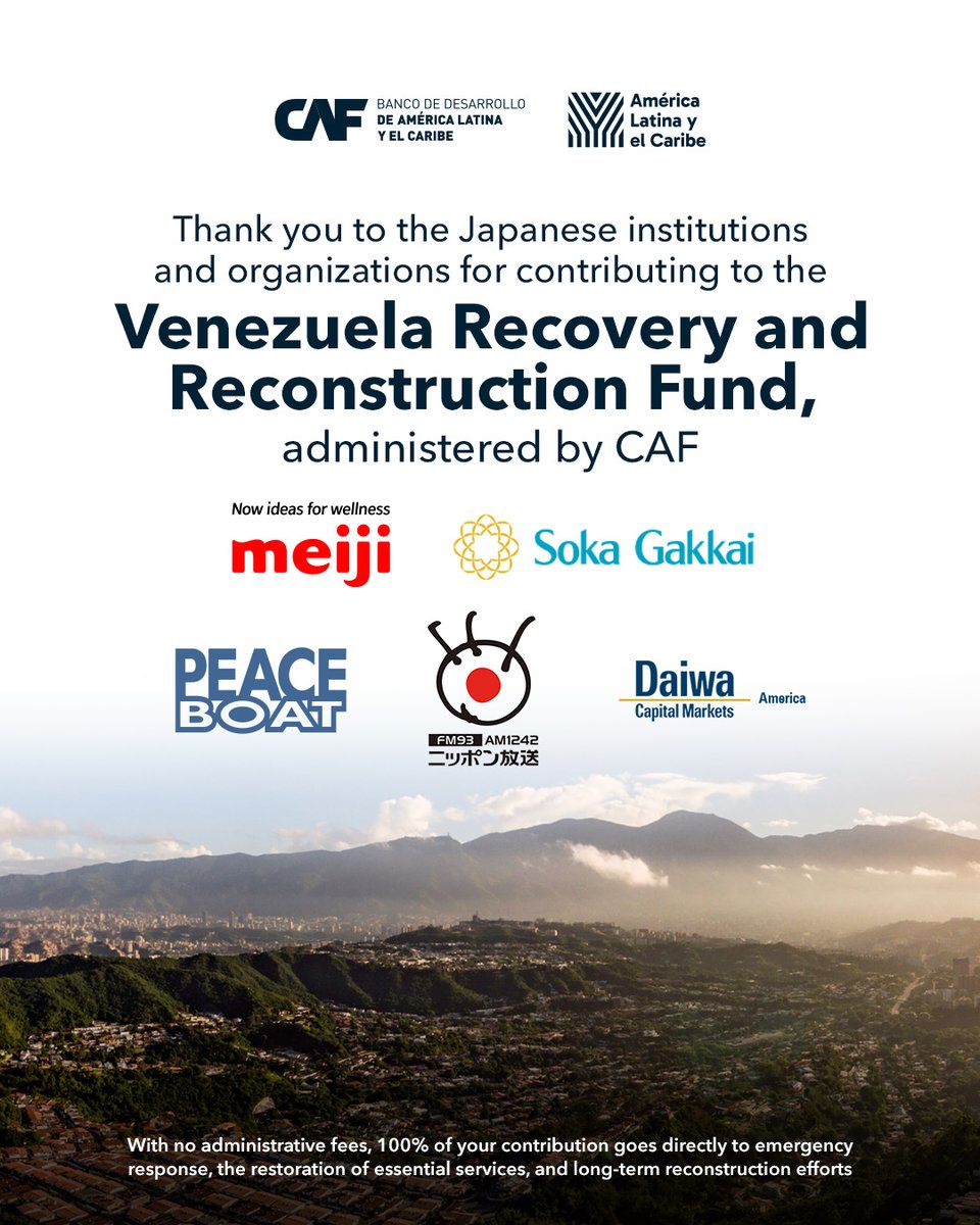 AgendaCAF's tweet photo. In times of need, solidarity can become a powerful force for recovery.
CAF is grateful to the Japanese institutions and organizations whose support is helping turn commitment into action and contributing to Venezuela’s recovery and reconstruction.

This collective effort reflects the importance of working together to support communities, restore essential services and help build the foundations for a more resilient future.
@sgi_info @peace_boat