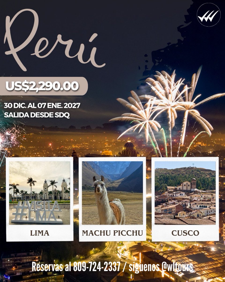 WL_Tours's tweet photo. *🎆✨ ¡AUN SIN PLANES DE FIN DE AÑO! ✈️*

Si aun no han decidido dónde despedir el año, tenemos salidas listas para ti. 🌎

Pregúntame para más información o reservas.

Reservas al 809-724-2337 / síguenos @wltours

#brasil #peru #colombia #findeaño https://t.co/oSzCMJnUo0