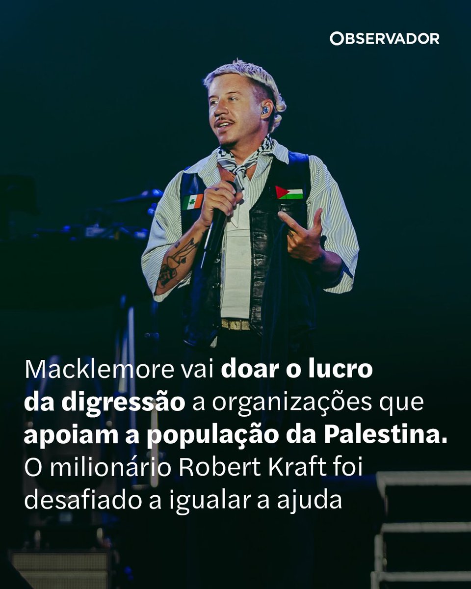 observadorpt's tweet photo. O rapper Macklemore vai doar um milhão de dólares — cerca de 871 mil euros — dos lucros da digressão com Ed Sheeran para ajudar organizações que apoiam a população palestiniana. 

O artista desafiou Robert Kraft a igualar o donativo. Kraft afirmou que irá contribuir com dois milhões de dólares — cerca de 1,7 milhões de euros — para “ajudar a região” a enfrentar a crise humanitária.

Saiba mais no link nos comentários.

(📸 Macklemore/Instagram)

#Macklemore #EdSheeran #Palestina #donativo #música