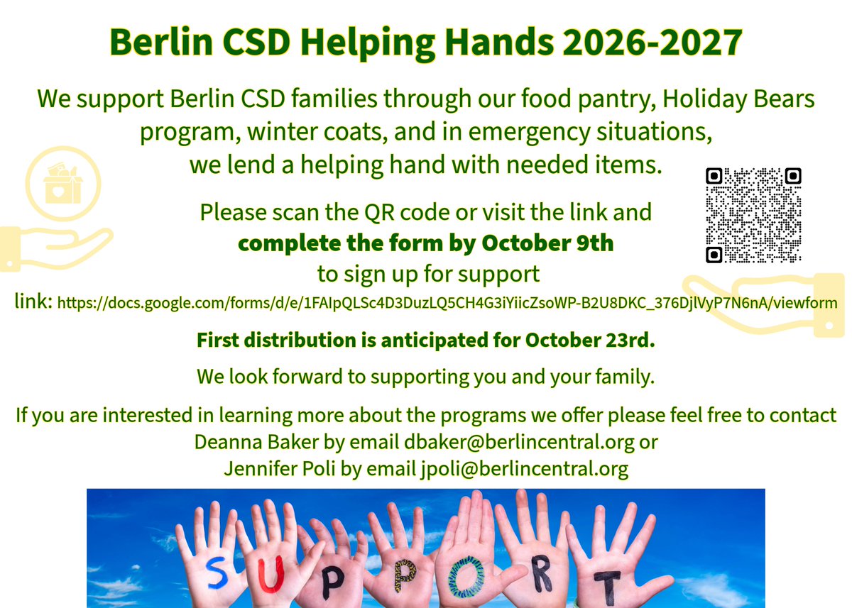 BerlinCSD's tweet photo. We support BCSD families through our food pantry, Holiday Bears program, winter coats, and in emergency situations, we lend a helping hand with needed items. Please scan the QR code or visit the link by October 9th to sign up for support. 
https://t.co/bunukcJFtC https://t.co/LzubG9jyN8
