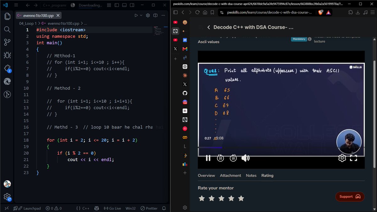 Dyna_Myt02's tweet photo. Day - 1: Learing C++ from scratch.
Today we learn basics, if-else, loops (for, while, do-while). Did some problems printing odd and even number, factorial of number, counting digit of number, taking user input, printing them.
#c++ https://t.co/jJ1GuUF2HG
