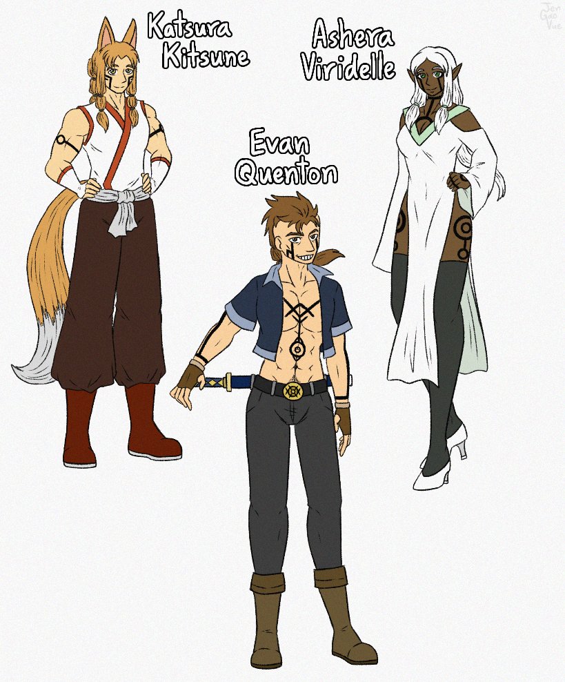 JenniferVue17's tweet photo. CHARACTER FILE:

Katsura Kitsune - Fox Beastman

Ashera Viridelle - Dark Elf

Evan Quenton - Ex-Bandit

The tattoos on their bodies and on Teva's means that they're the strongest in their kingdom. Teva got his tattoos back in his home planet.

#myart #myocs #isekai #superhero https://t.co/TIrHjo8SOW