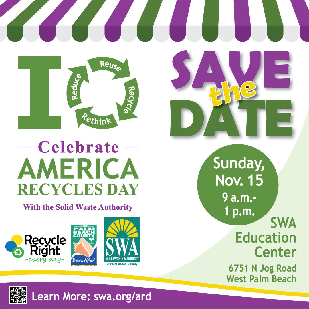 SWAPBC's tweet photo. Join us as we celebrate #AmericaRecyclesDay on Sunday, Nov. 15, from 9 a.m. to 1 p.m., at the #SWA Education Center in #WestPalmBeach. This fun-filled family event is our community's official celebration of #recycling and all its benefits. This event also doubles as the #SWA's annual open house. This year’s activities include:

• More than 50 exhibitors
• Renewable energy and recycling tours
• Kids Zone
• Recycling passport game
• Heavy equipment expo with demonstrations
• Drop off your lithium batteries (a fire hazard!)
• SWA Plastic Bag Xchange2 Program
• Free tree giveaway, sponsored by Keep Palm Beach County

We hope you’ll join us for this extra special celebration of community recycling! Learn More: https://t.co/Ya7aFFuZot

It is the policy of the Solid Waste Authority of Palm Beach County not to resolve customer complaints or respond to inquiries on social media. If you have a collection-related issue in unincorporated Palm Beach County, please contact our Customer Service team at 561-697-2700 or contactcis@swa.org to have your issue resolved in a timely manner.
