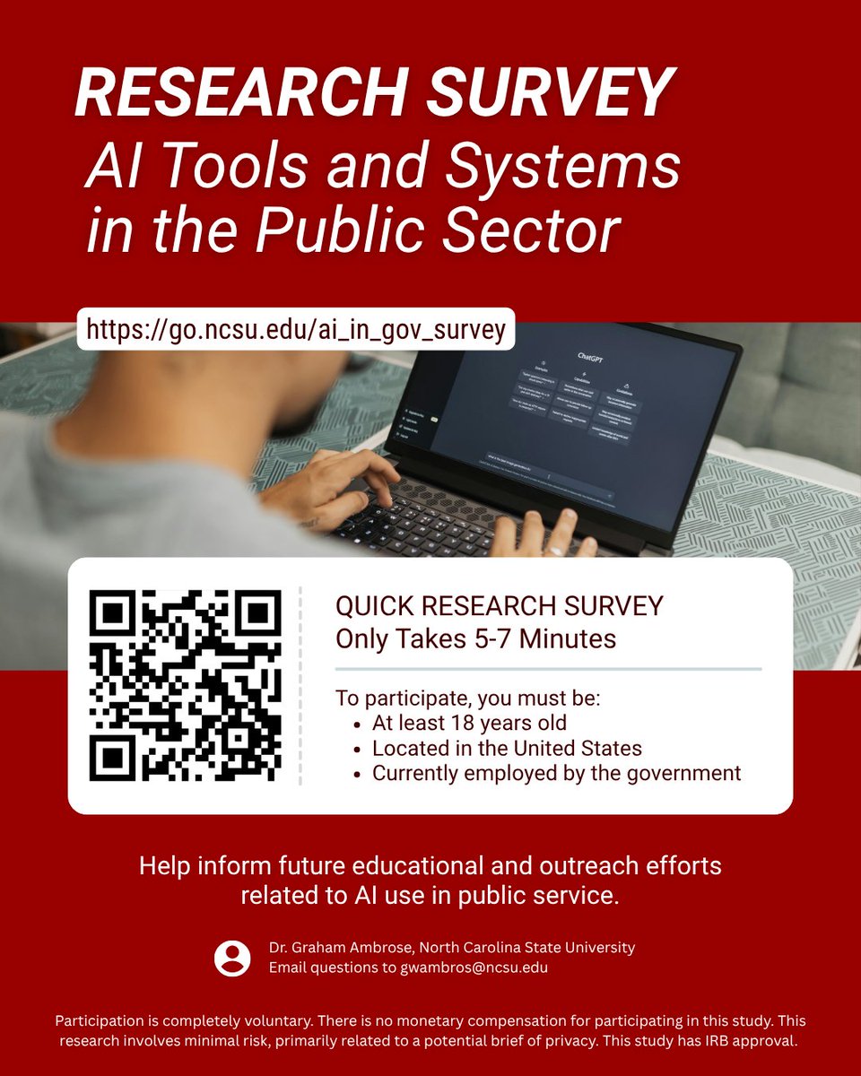 emergingissues's tweet photo. How are you using AI in your daily work? 🤖💻 

Our friends at @NCStateSPIA invite you to participate in their new research study on AI use and its impact on the public sector. Learn more and take the quick survey at https://t.co/TAxzYwp0a7 https://t.co/LKHrXoyZuS