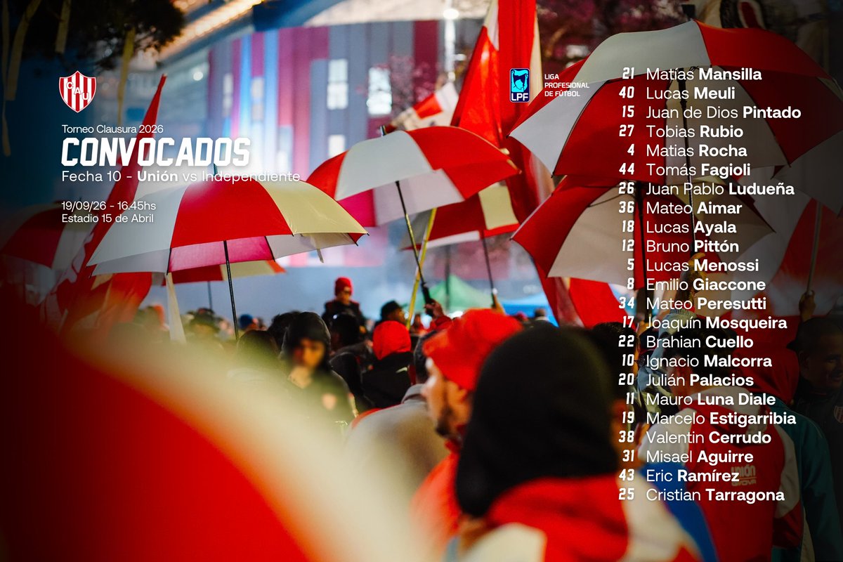 clubaunion's tweet photo. ℹ️ Estos son los jugadores convocados por Leonardo Madelón para recibir a Independiente por la décima fecha del Torneo Clausura 🏆 2026.

DALE TATENGUE https://t.co/vk2Tu9grps