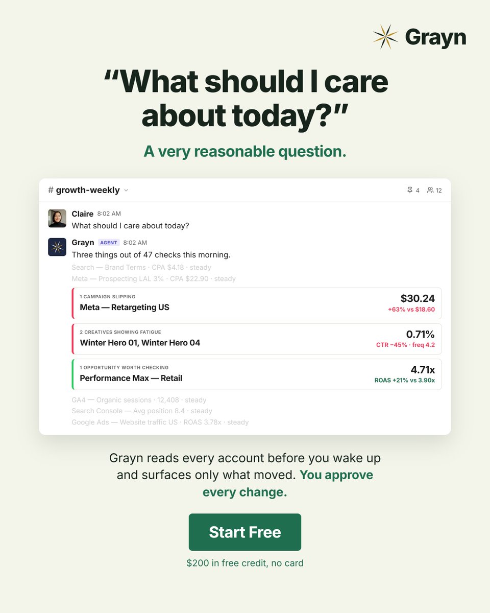 grayn_ai's tweet photo. Your team shouldn’t start every morning by checking everything.

Grayn helps surface what actually changed, what deserves attention, and what can wait.

It's your AI marketing co-worker giving you the useful part first.

Want your own AI marketing co-worker? Try Grayn for free! https://t.co/Q6ezm8K3Ap
