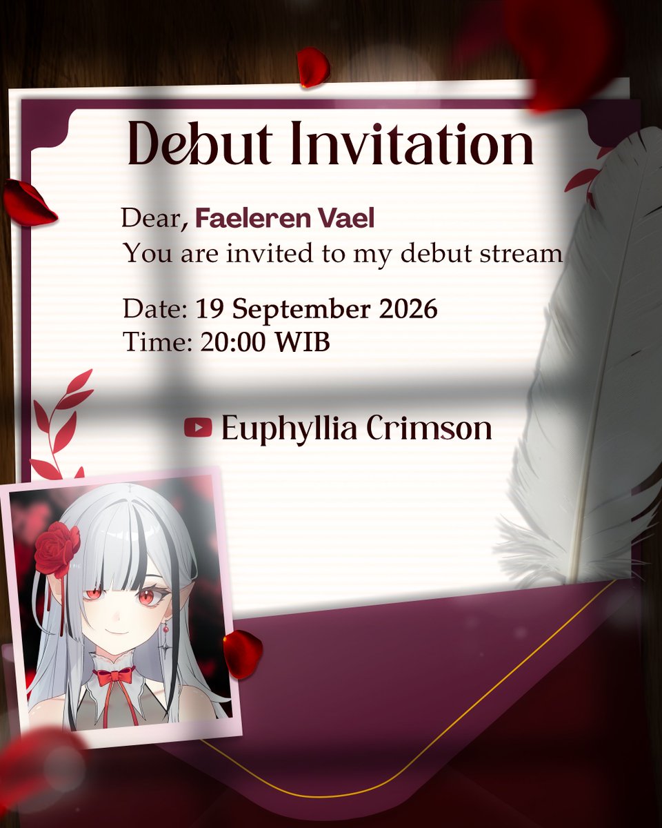 faelerenvael's tweet photo. What an invitation, i look forward to see you in the spotlight yupii!! yuk ikut dateng ke debutnya frens! ✨

📅 SEPTEMBER 19, 2026
🕐 20.00 WIB
📍 YouTube : https://t.co/EAxCdNu2sw

Leave a little message for Euphy: https://t.co/27kRSv8IhF https://t.co/pQWryVVnKX