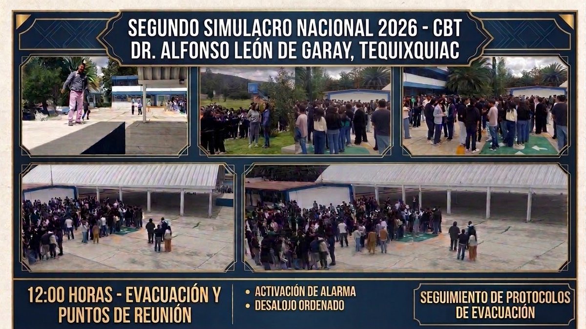 CBTTequixquiac's tweet photo. El día de hoy, en punto de las 12:00 horas, nuestra comunidad estudiantil, personal docente y administrativo participó con gran orden y responsabilidad en el Segundo Simulacro Nacional 2026. @ZonaBT019 https://t.co/n6wxYkoSLL