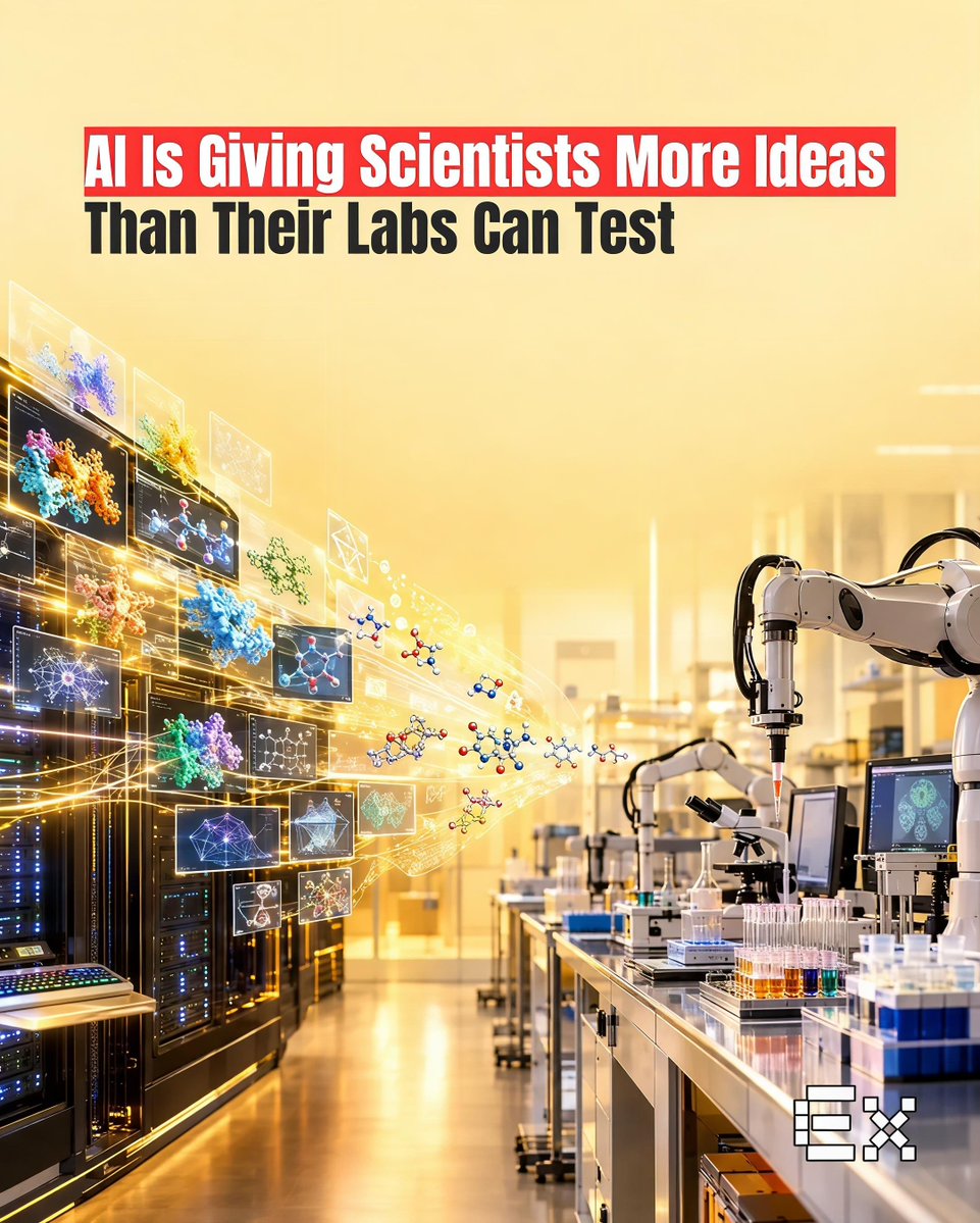 ElementiaX's tweet photo. AI can generate scientific ideas faster than laboratories can test them. 🤖🔬

Researchers found that AI is rapidly accelerating idea generation, research questions and experiment design—but real-world experiments still need equipment, materials, time and humans. https://t.co/a7reqkjNLg