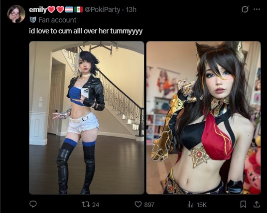 tokyosdaughter's tweet photo. A fellow follower told me: "Hey Tokyo, I like your takes; perhaps you may look at this" 

A woketard calls us out for wanting aesthetically pleasing female characters in games, but a troon treats Emiru as a sexual object

If the principle is ‘women shouldn't be reduced to sexual objects,’ then the standard should apply consistently

You can't condemn FICTIONAL beauty as objectification while excusing explicit sexual objectification of a REAL WOMAN