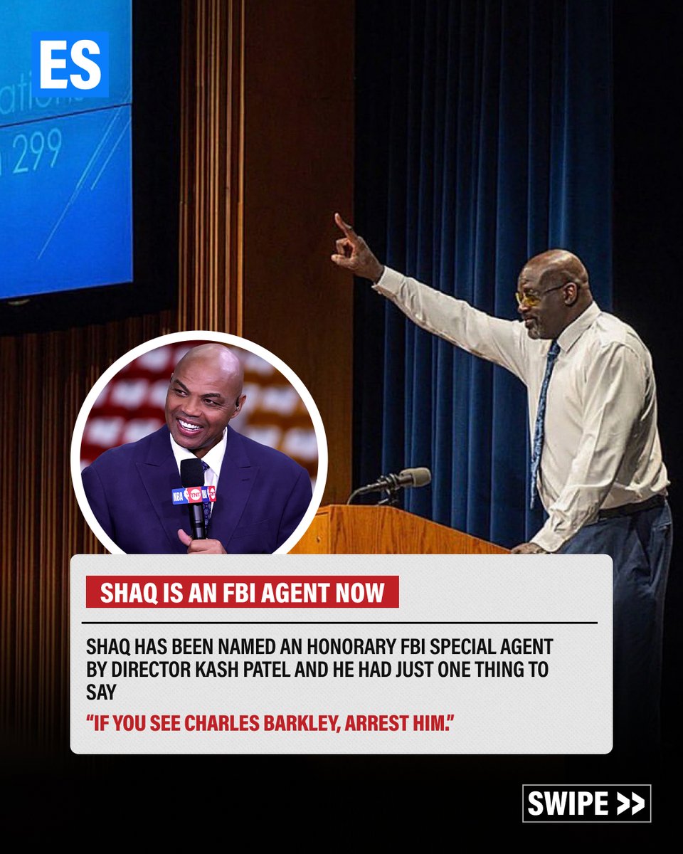 ES_sportsnews's tweet photo. Shaq Has Officially Added a New FBI Title to His Resume… and He Went After Charles Barkley With It! 😂✍️

The NBA legend Shaquille O'Neal was named an honorary FBI Special Agent by FBI Director Kash Patel in Quantico, Virginia, recently.

And, during his speech, he made it clear that his first order of business will have nothing to do with federal investigations... 🗣️

Instead, Shaq had his friend Charles Barkley in his sights. 👀

The internet immediately ran with it, imagining Shaq actually putting his new badge to work on Chuck. 

From the "most wanted list" to undercover operations, the jokes practically wrote themselves. 😭