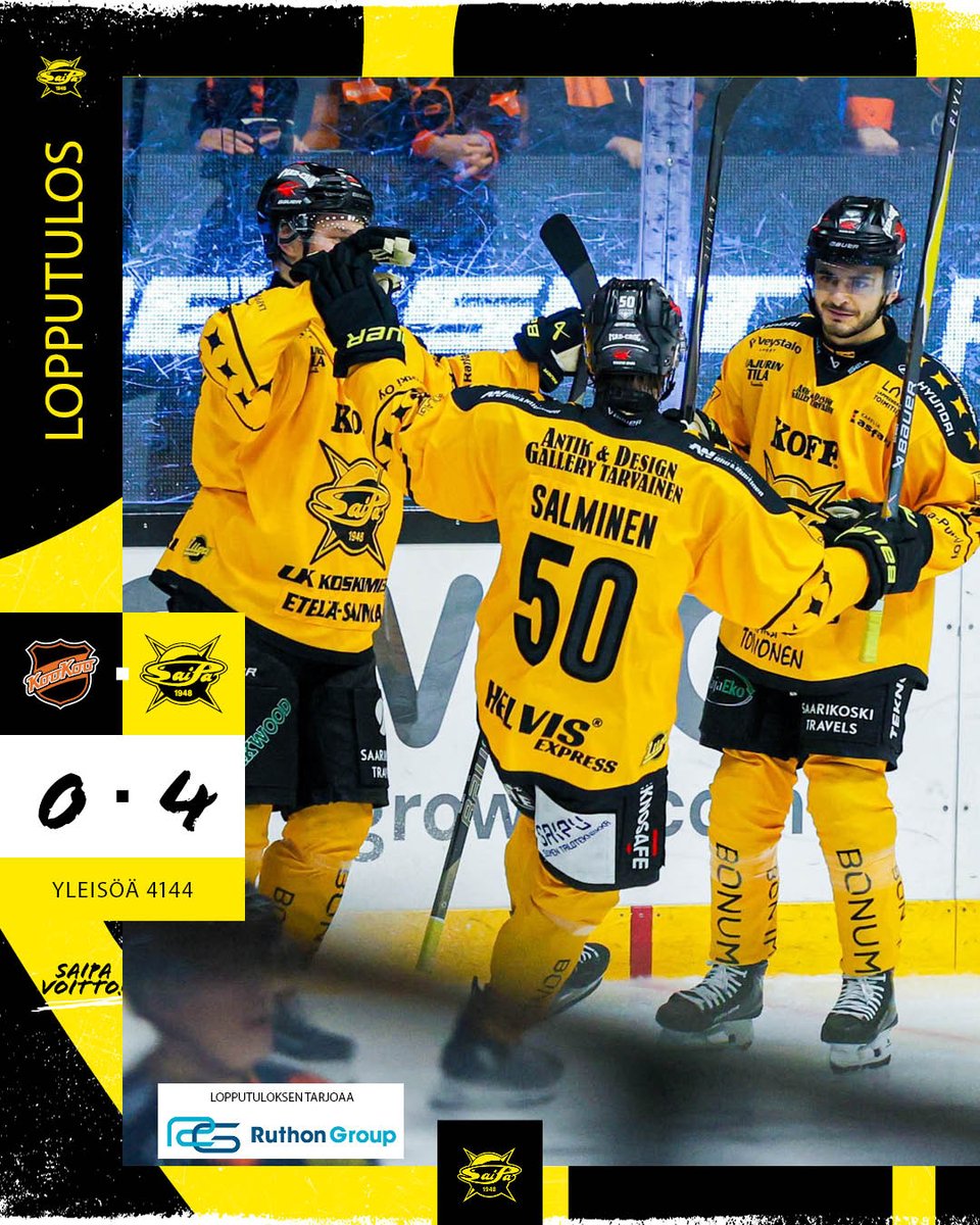 Liiga_SaiPa's tweet photo. Juttu selvä! Grigalsille nollapeli! 
KooKoo - SaiPa | Lopputulos | 0-4

🚨0-1 Fridrich (Intonen, Emanuelsson) 
🚨0-2 Palmu (Zabaneh)
🚨0-3 Tauslahtu (Zabaneg, Salminen) AV
🚨0-4 Siikanen (Perttu)

Torjunnat:
KooKoo, Patrikainen 28
SaiPa, Grigals 16
#SaiPa #Liiga #YhdessäVahvempia https://t.co/rJiGHgTN9r