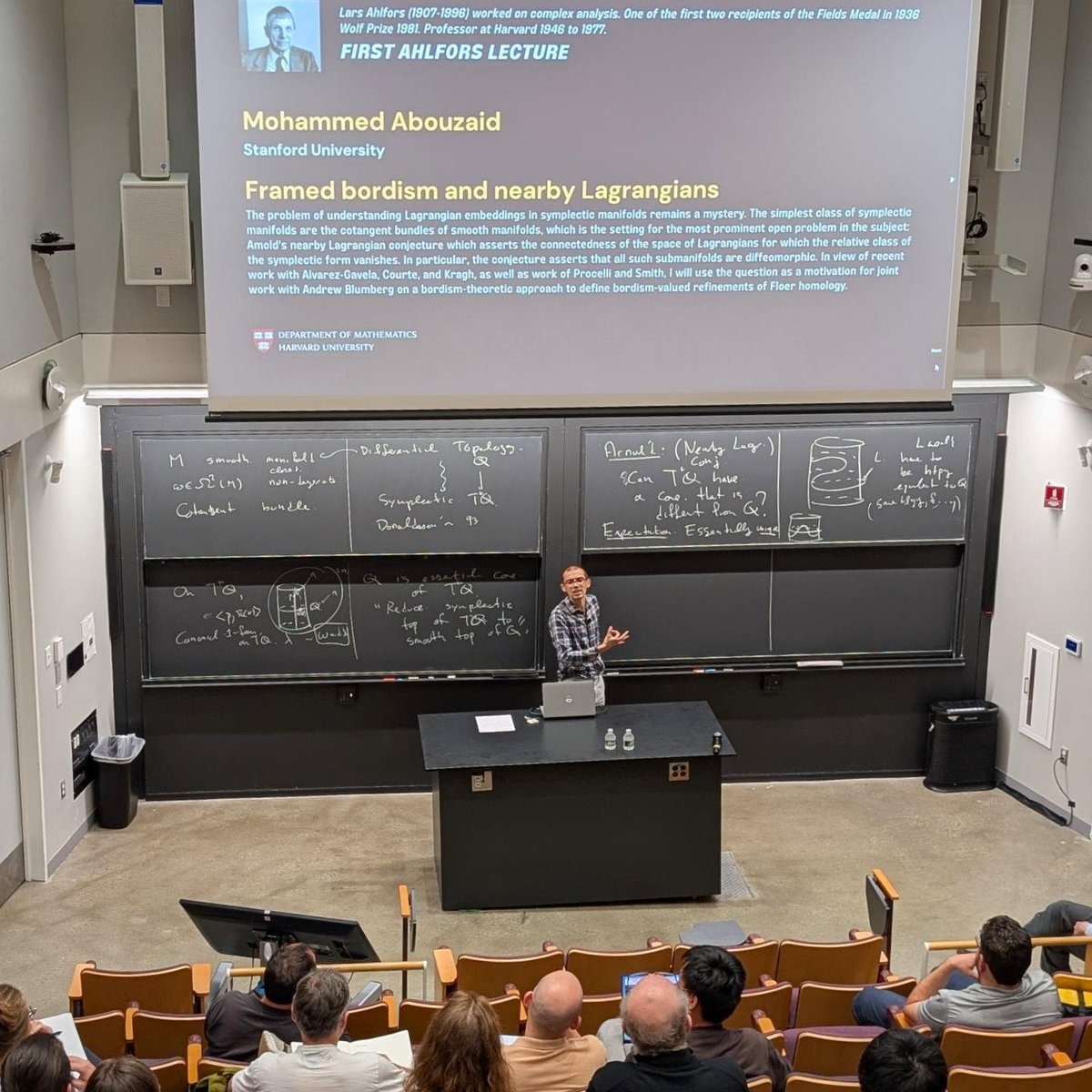 HarvardMath's tweet photo. Thanks to Mohammed Abouzaid from @Stanford for being a part of this year's #AhlforsLectureSeries! He spoke about "Framed bordism and nearby Lagrangians" and "Complex bordism and Hamiltonian fibrations" to an engaged audience of mathematicians at Harvard's Science Center. https://t.co/Xu7EwXmUNf