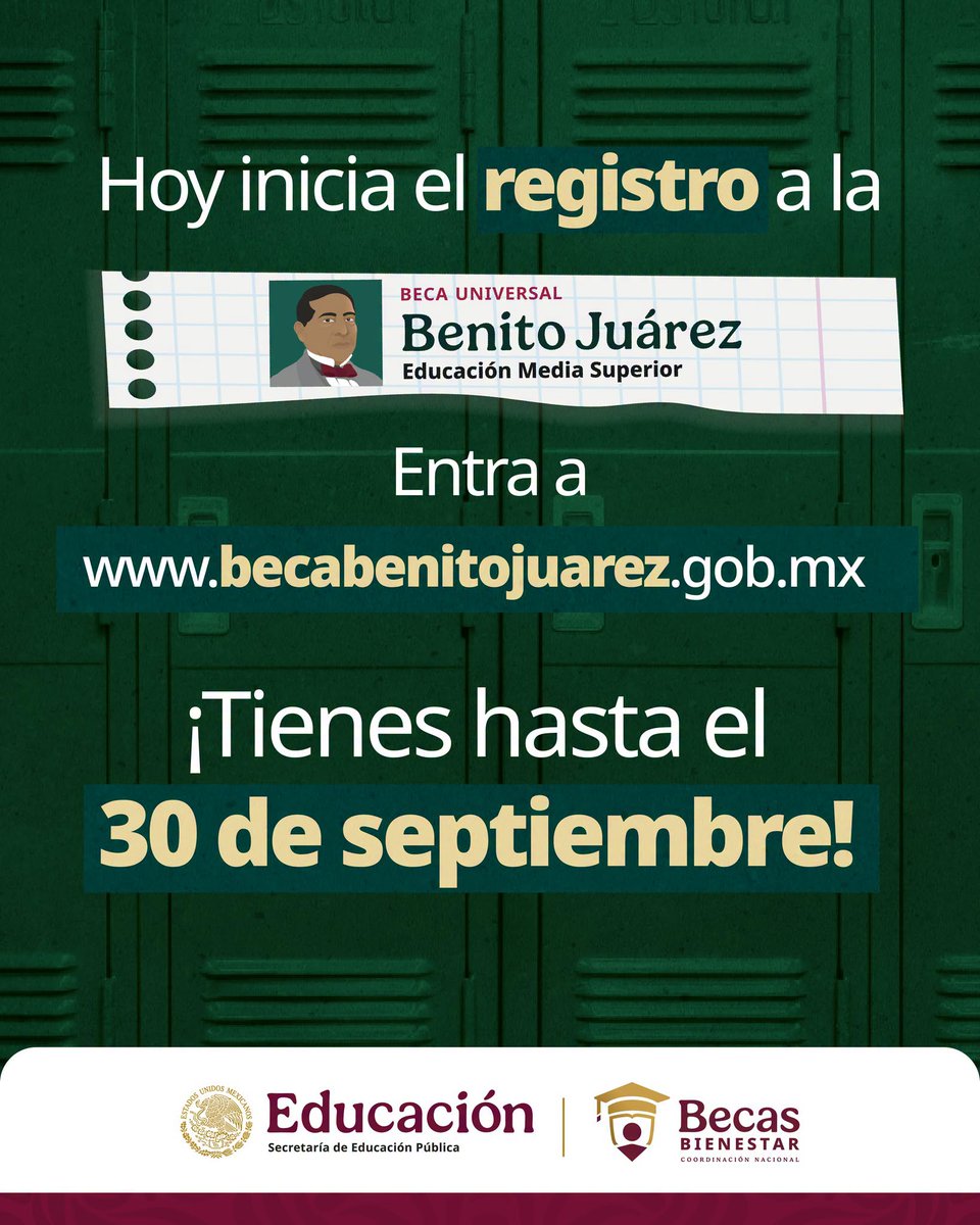 CECyT10_IPN's tweet photo. Estudiantes de prepa y bachilleratos públicos: 📢
¡Ya inició el registro a la Beca #BenitoJuárez! 🥳
Checa el tutorial y haz tu registro. Tienes hasta el 30 de septiembre para hacer tu solicitud. https://t.co/lqr0W1xnrn