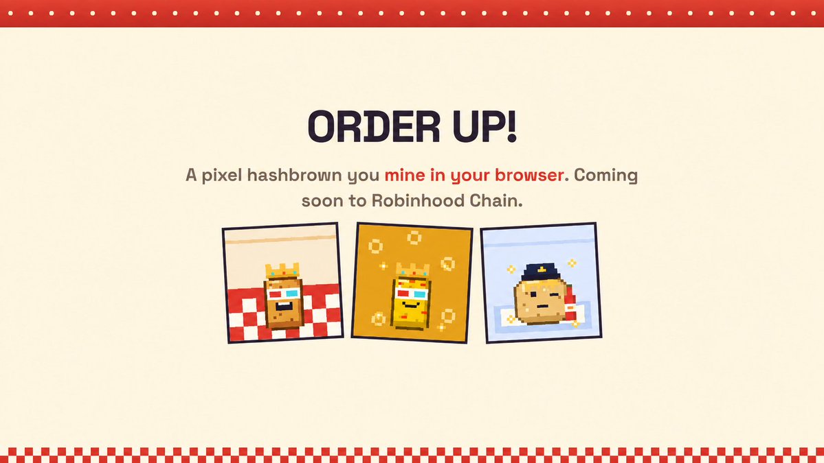 hashbrowns___'s tweet photo. The Hashbrowns kitchen opens soon on @RobinhoodCrypto.

First 500 orders are on the house. 🥔 https://t.co/LebEawuSi2