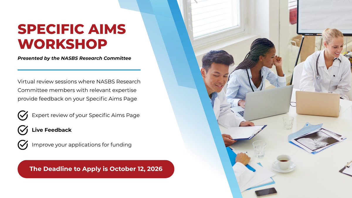 NASBSorg's tweet photo. The NASBS Research Committee introduces the Specific Aims Workshop: Expert-led feedback sessions on your Specific Aims page, designed to strengthen your grant application. Apply today! https://t.co/f3oocfyksV https://t.co/kPVBXfhChm