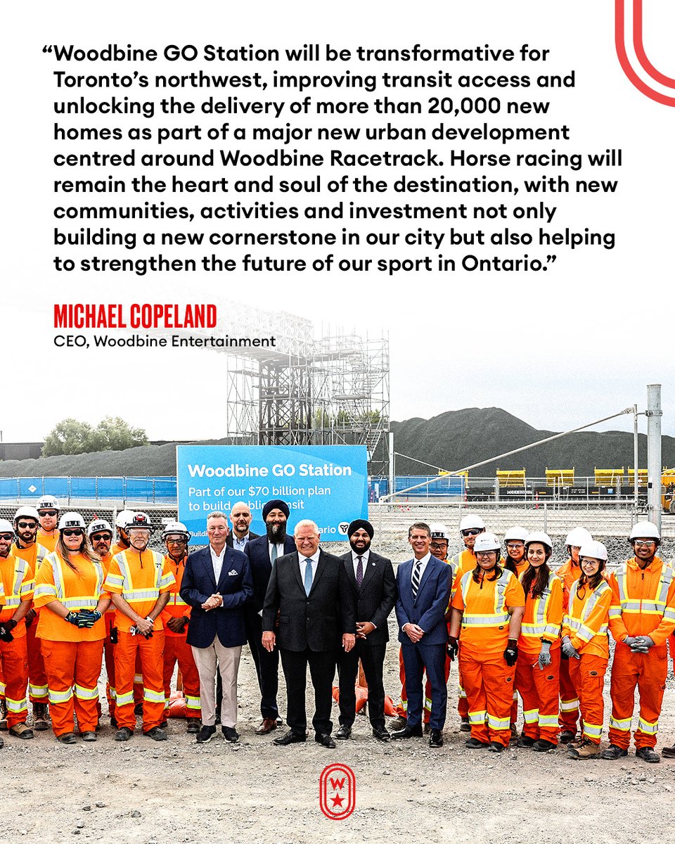 WoodbineTB's tweet photo. Woodbine and Metrolinx welcomed Premier Doug Ford and Minister of Transportation Prabmeet Singh Sarkaria yesterday to the construction site of the future Woodbine GO Station. As this project progresses, so does our excitement for the transformative development planned for the lands surrounding Woodbine Racetrack.