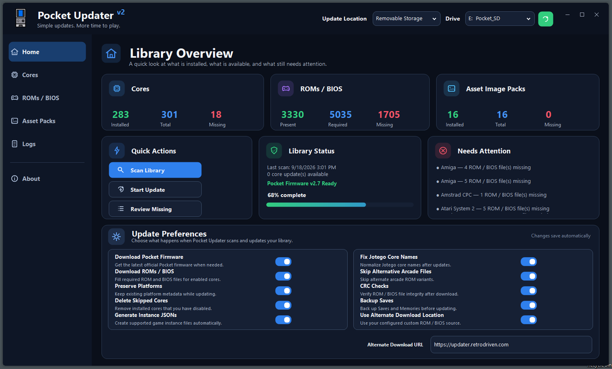 RetroDriven's tweet photo. Pocket Updater v2 Released! 

This is a pretty massive update. If you come across any bugs, issues, questions, suggestions, etc. please report that on the GitHub Repo. There are a lot of new features and quality of life improvements here. And Prettier.

https://t.co/VON2Ke3bT6 https://t.co/1Kxn1pEn43