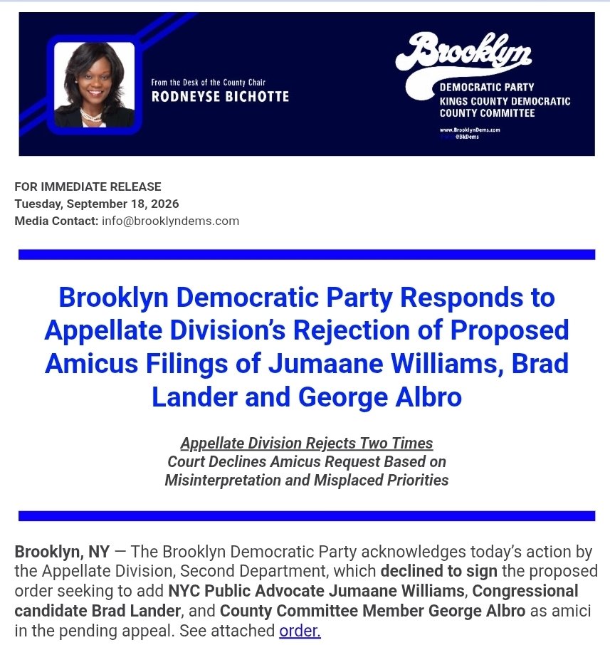 bkdems's tweet photo. Court Rejects Amicus Filings of Jumaane Williams, Brad Lander and George Albro. ‼️ Outside officials are should understand that the matter js an internal party appeal. Brooklyn Dems are requesting that these individuals focus their time on policy issues ⤵️
https://t.co/UTcXMReCp5 https://t.co/fQrZTeSQbU