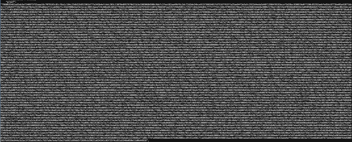colludingnode's tweet photo. "decrypt the ZKPs" is not a statement that makes sense.

You are implying there exists a way to recover the private witness from the proof data, typically 5 kB mostly comprised of Vesta curve points and Vesta scalar field elements.

Mathematical proof of this infeasibility are included in the papers and audits- but even if the rigorous proofs of its zero-knowledge property were wrong, that still doesn't imply an attack exists.

Here's one from a recent transaction. If you want to recover the private witness from this, how would you go about doing it? What would be your approach?
