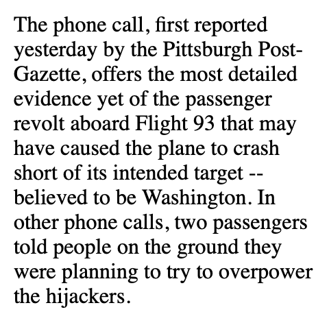 jasonkenney's tweet photo. As I dig through the J's Notes archives, it's interesting to read some of the old "real time" pieces on 9/11. For example, here's a @washingtonpost from 25 years ago today, just one day after the Flight 93 passenger revolt was first reported.

https://t.co/OMiAp2HTZ8 https://t.co/eCyJLKxisT
