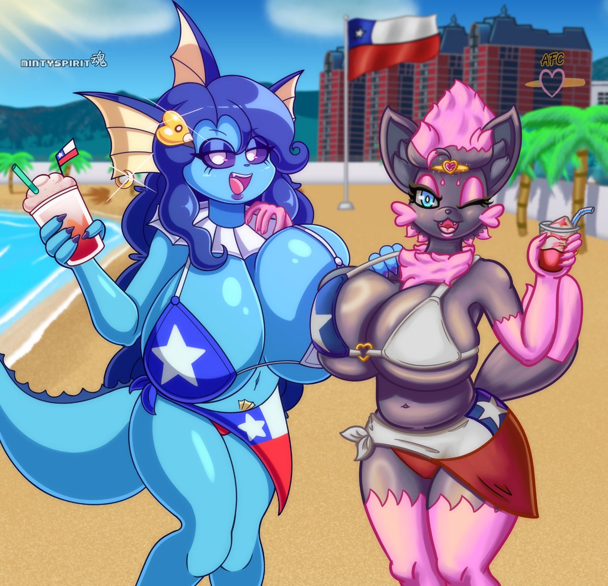 AFCND1's tweet photo. I celebrate once more with my good friend @MintySpiritArt the indepence day of my beautiful country of Chile, our girls Tifanny on the left and Zabrina on the right helping the celebration by putting on quite the show!
Thanks to minty for joining, Felices fiestas patrias!🦊💖🇨🇱🐟 https://t.co/HB9kTIJeyy