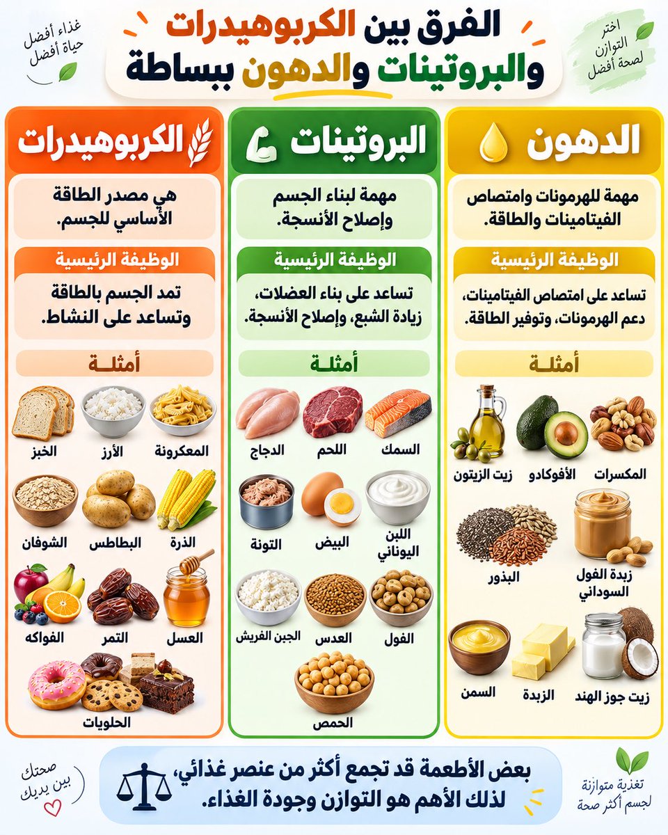 HB88_0's tweet photo. @GoldenDose ما الفرق بين الكربوهيدرات والبروتينات و الدهون ؟

الكربوهيدرات: للطاقة
البروتينات: للبناء
الدهون: للهرمونات وامتصاص الفيتامينات

الأهـم: التوازن وجودة الأكل

#التغذية
#الصحة
#الأكل_الصحي https://t.co/ttkjeimgsG