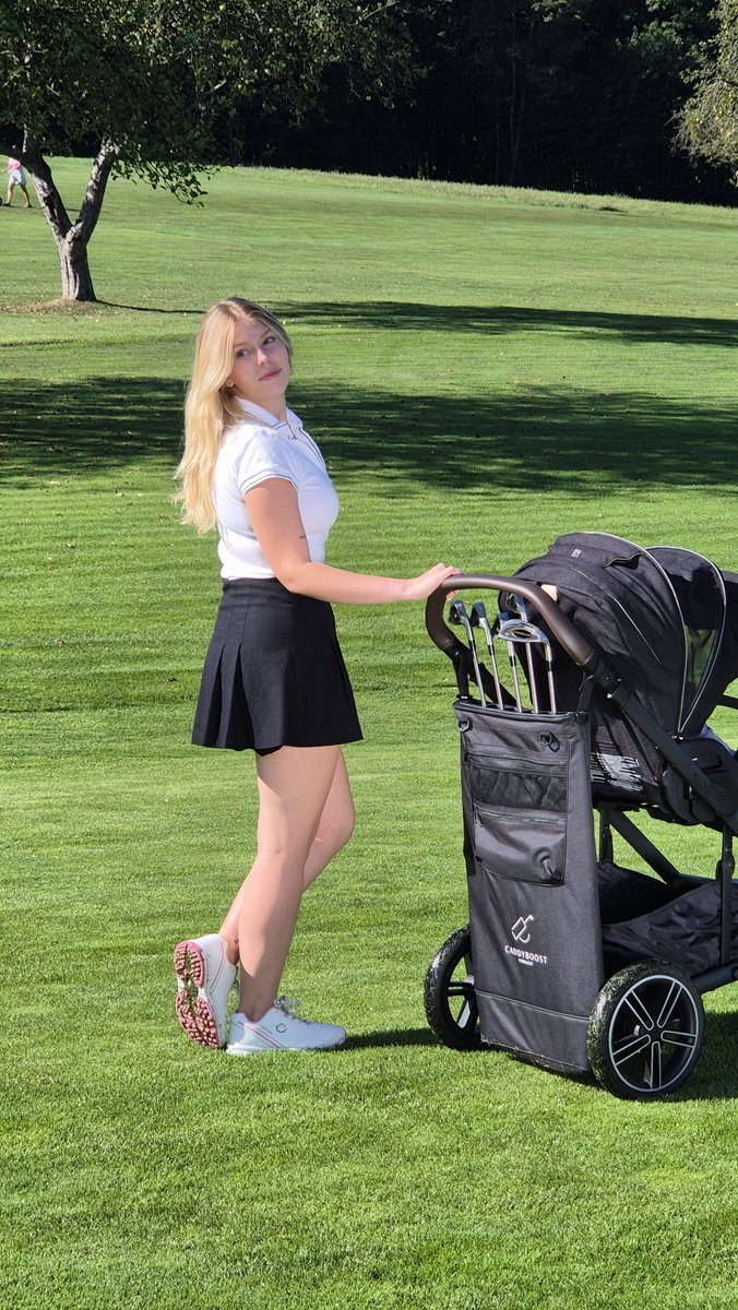 Caddyrossoff's tweet photo. How to play 18 holes with your baby sleeping right next to you. 👶⛳️We just launched CaddyBoost – the ultimate ultralight golf bag attachment for strollers &amp; trolleys.Say goodbye to heavy gear and hello to stress-free golf days.Dropping the pre-order link in the comments! 👇 https://t.co/zOKRYYPyeS