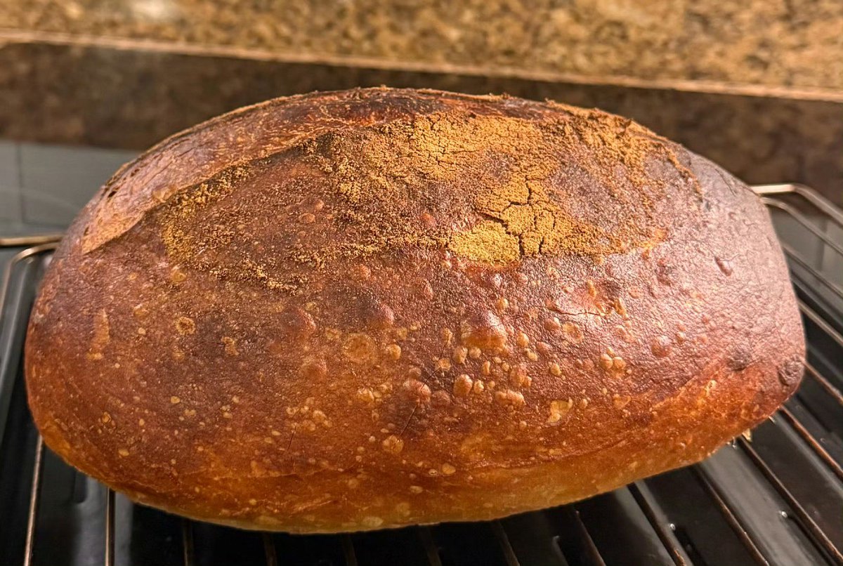 boo8505's tweet photo. [Just pulled my first homemade sourdough loaf out of the oven—crusty exterior, airy inside, and the whole kitchen smells like warm joy! ] https://t.co/Ar0EWW9tsa