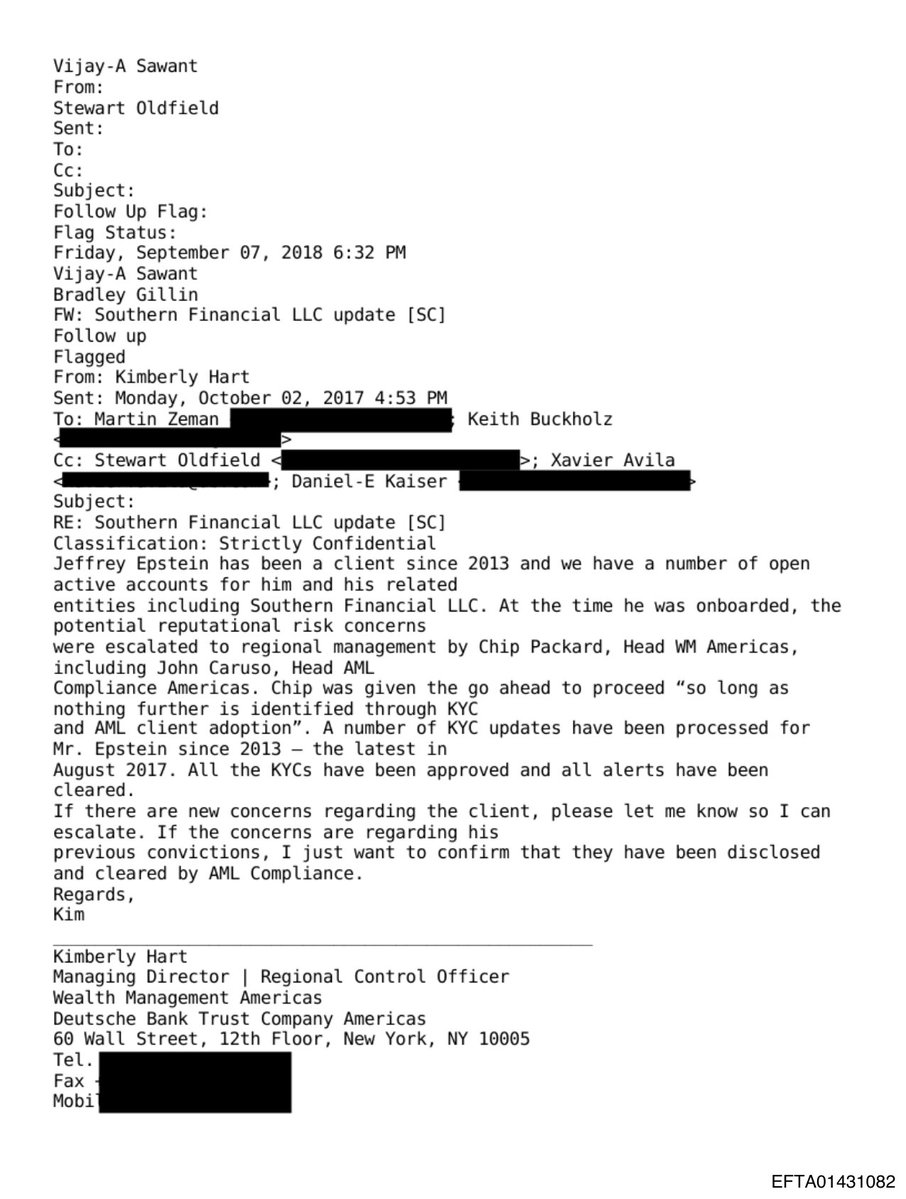 gabriel_draghi's tweet photo. #DeutscheBank a intégré #Epstein en 2013 après avoir aggravé son risque réputationnel, à condition que rien de plus ne surgisse lors de ses vérifications KYC et LBCFT.
Un officier de contrôle, le 2/10/2017 : « Tous les KYC ont été approuvés et toutes les alertes ont été levées. » https://t.co/PeqOvIsuNN