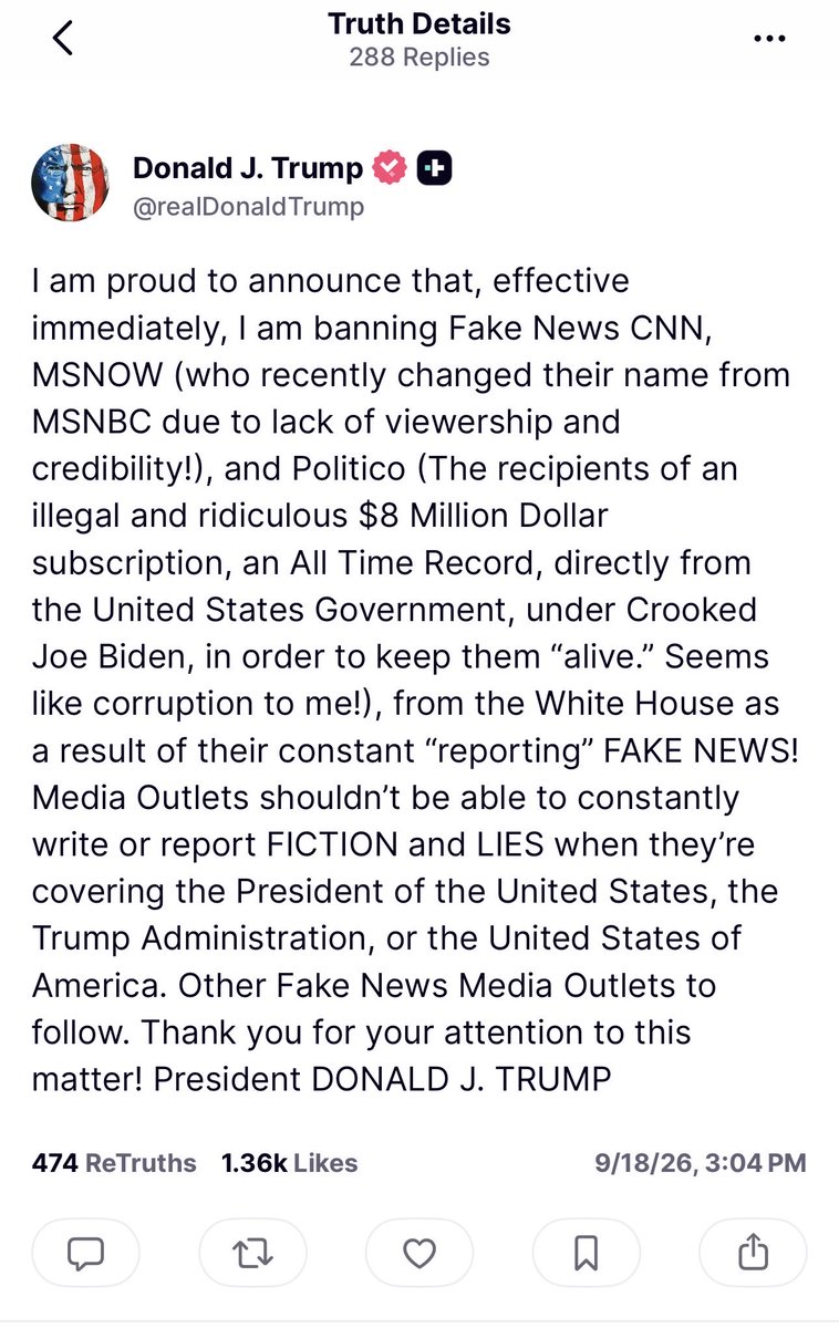 JenniferJJacobs's tweet photo. Trump says he's banning CNN, MSNOW and Politico https://t.co/ILh1EOp8px
