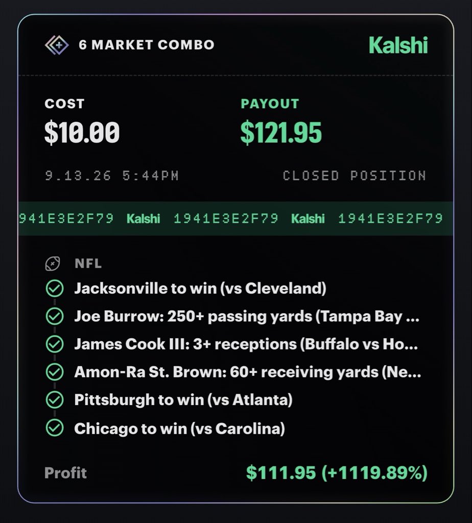 ZitiBets's tweet photo. 9/13/26 ✅ 💣 

BANG! Our PREMIUM LONGSHOT parlay cashes! 💰 💰 

Join the discord to get access to these plays ASAP. Been on a real heater and aren’t slowing down anytime soon. 

+12.2u 🔥 📈 https://t.co/SHCpa1Mfgo
