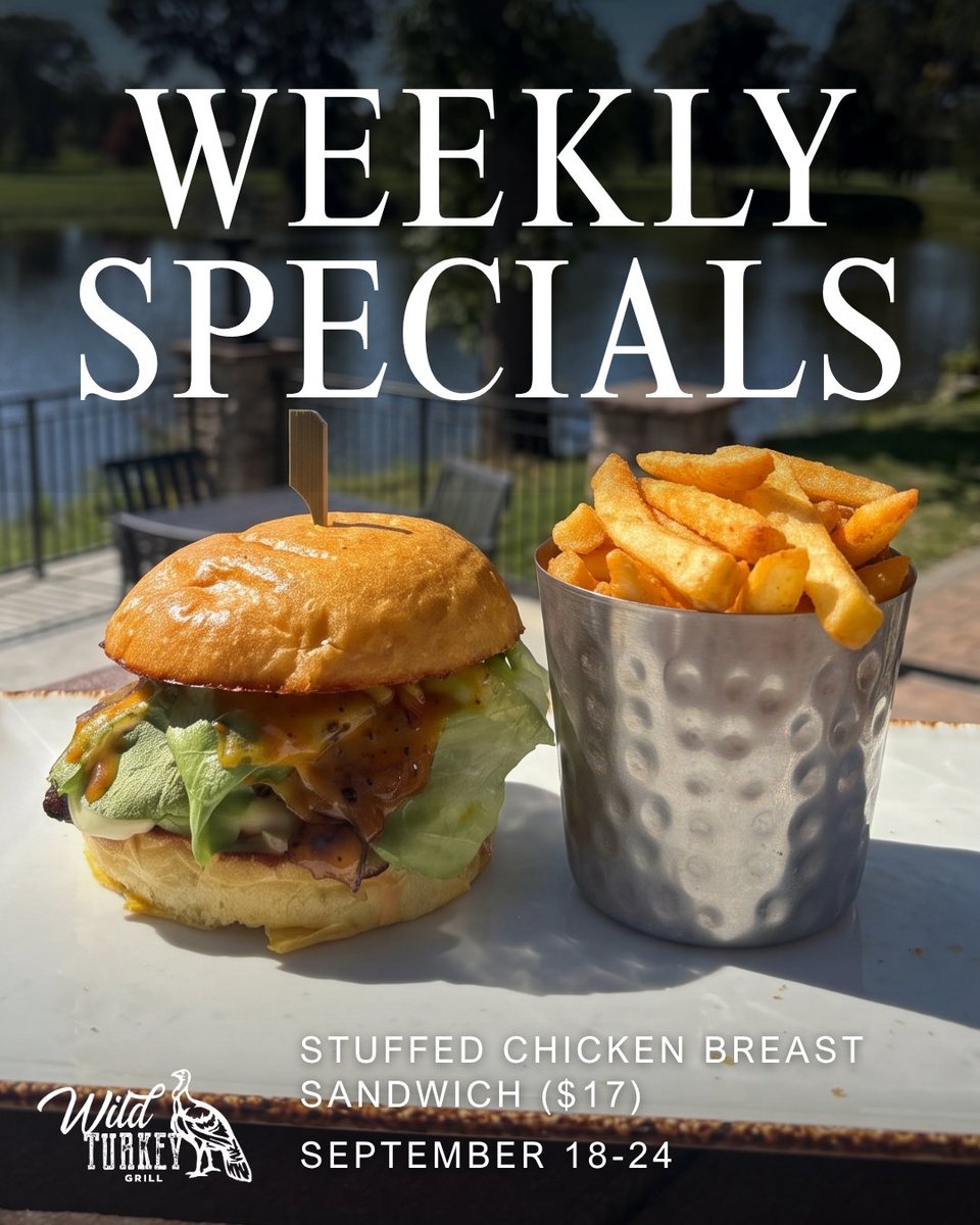 wildturkeygrill's tweet photo. Meet your new favorite lunch: our Stuffed Chicken Breast Sandwich ($17)! 🥪 Pan-seared chicken stuffed with roasted garlic-bacon jam, melted pepper jack, lettuce, pico, and chipotle aioli, served with your choice of fries, sweet potato fries, tots, or chips. https://t.co/aUcX4s6Z10