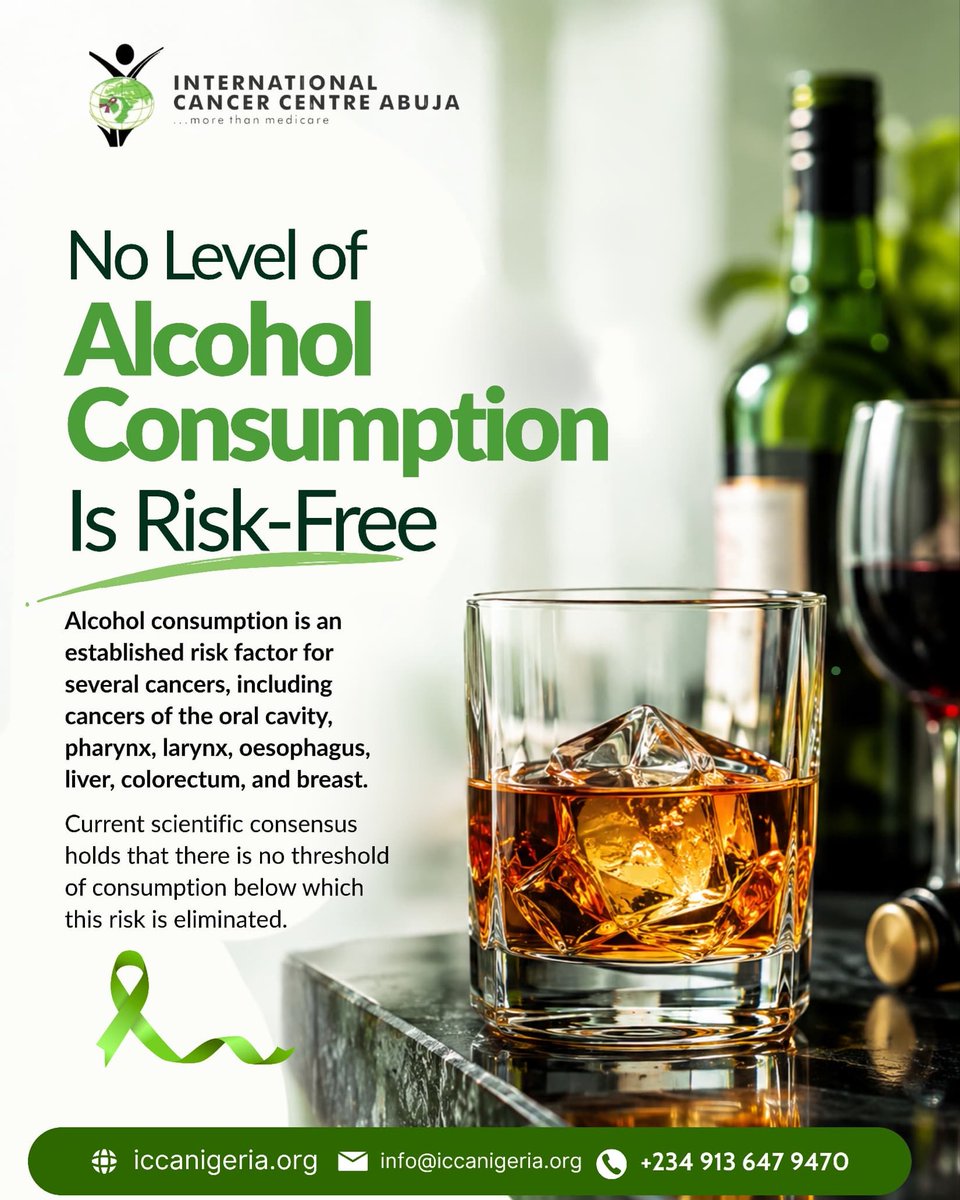 _iccanigeria's tweet photo. Many people believe a "safe" amount of alcohol exists. Science says otherwise.
There is no threshold of alcohol consumption below which cancer risk disappears; not a glass of wine, not "just one" drink.

#CancerAwareness #CancerEducation #ICCANIgeria #CancerPrevention   #ICCA https://t.co/WioGRjMH2o