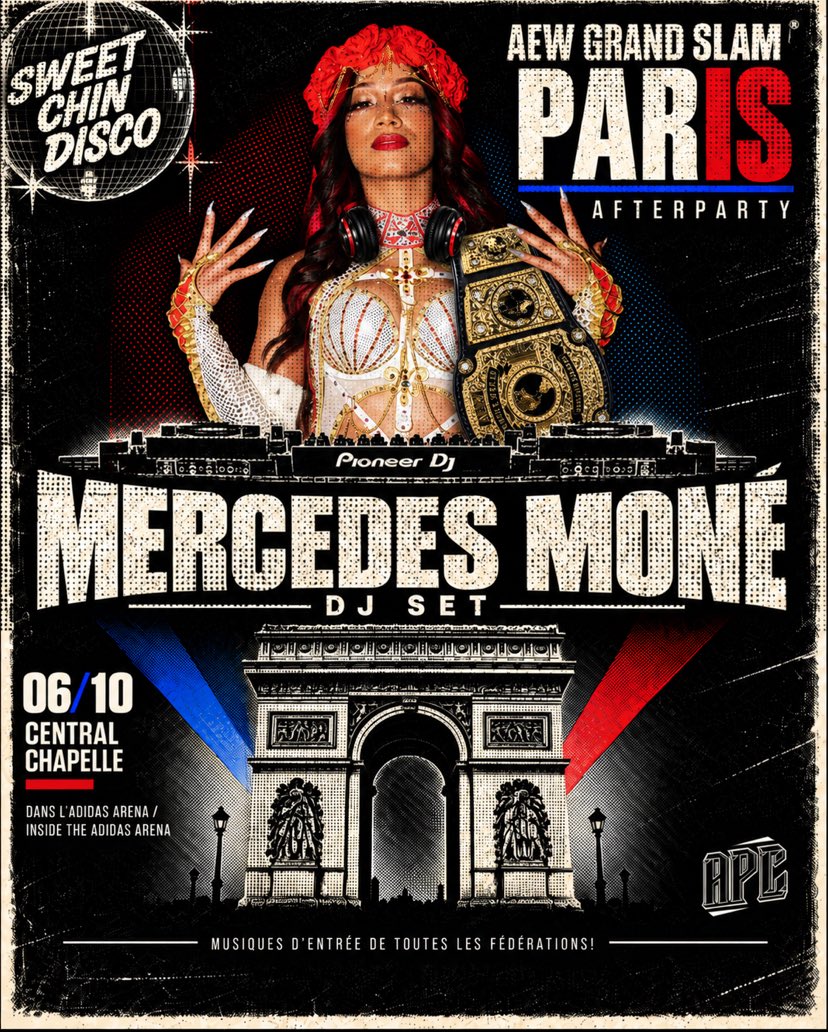 SweetChinDisco's tweet photo. INSIDE THE ADIDAS ARENA. STRAIGHT AFTER AEW GRAND SLAM PARIS. 🇫🇷🔥

Sweet Chin Disco returns with AEW Women’s World Champion Mercedes Moné — DJ SET. 🪩

🎟️ https://t.co/D4U3547vBD

#AEWGrandSlamFrance #MercedesMone https://t.co/72z9rgkmwR