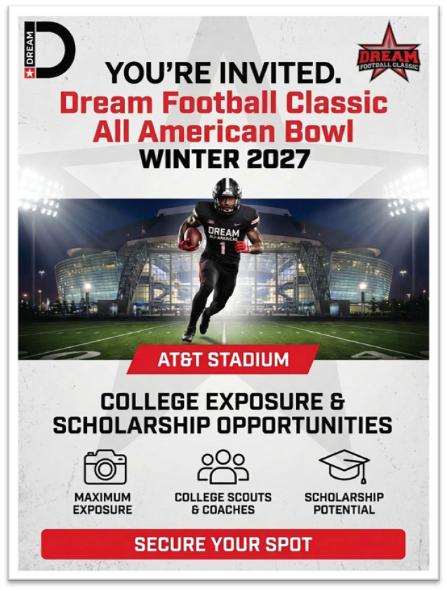 CoachDonRue's tweet photo. @hollywoodkingg @Zone6ixSports @SPPFootball @CoachOFlaherty @SeanBarowski_ @DBCoachE @TomLoy247 @BrianDohn247 @SWiltfong_ @Rivals @On3 @hollywoodkingg In addition to this post I caught your Hudl film and want to invite you to Dallas TX for the Dream All American Showcase! 
Games are in NFL Homes: Colts, COWBOYS, Saints and Rams/Chargers! Click for information!
https://t.co/ApwXvE3U76 https://t.co/Iki2fnPSPV