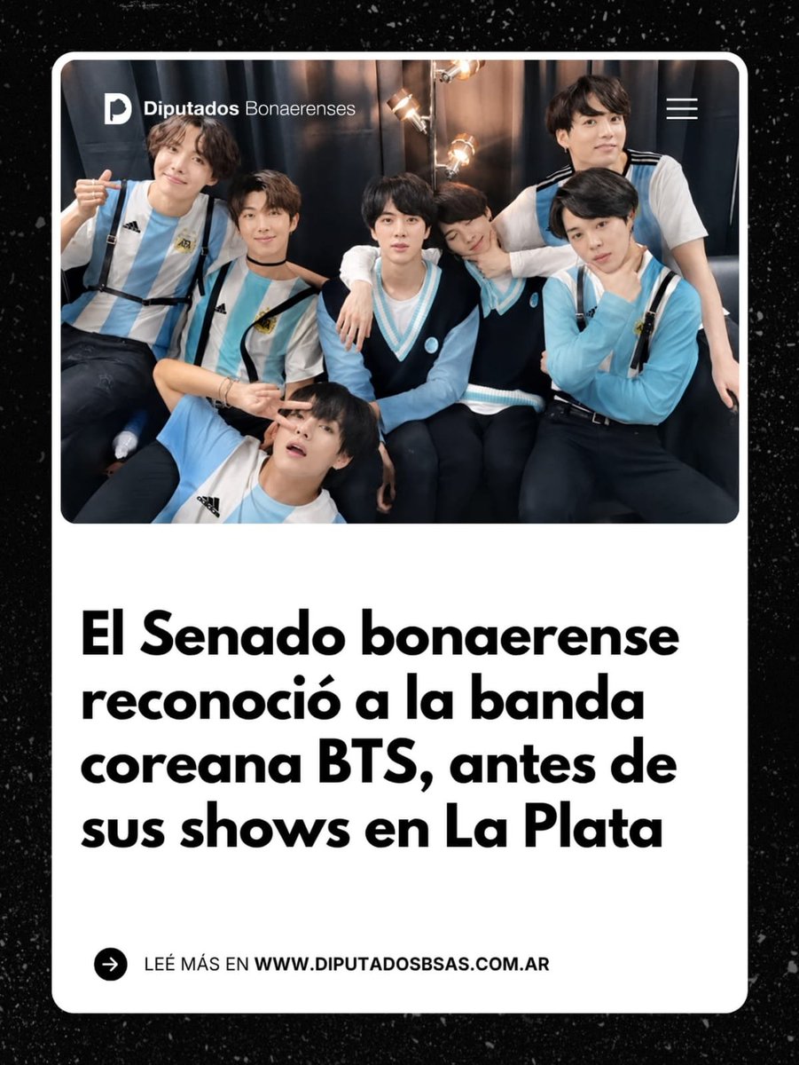 BTSarg_official's tweet photo. 💜 ¡HERMOSA NOTICIA, ARMY! 🇦🇷

BTS podría ser declarado Huéspedes de Honor de la Provincia de Buenos Aires.

El Senado bonaerense dio media sanción al proyecto y ahora deberá tratarlo Diputados 🥹💜

🔗 https://t.co/0b52loRa1q

#BTS #BTSARGENTINA #ARMY https://t.co/kv1Qv29H6q