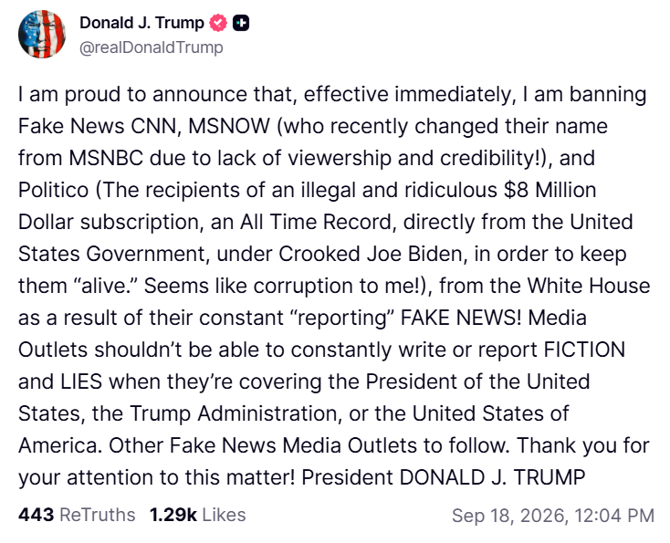 prayingmedic's tweet photo. POTUS bans CNN, MSNOW, and Politico from the White House, with moar to come. https://t.co/qMhThuaVvp