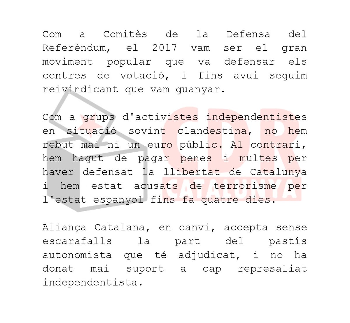 CDRCatOficial's tweet photo. Com a grups independentistes en situació clandestina, no hem rebut mai ni un euro públic. Al contrari, hem hagut de pagar per haver defensat la llibertat del país. AC, en canvi, accepta la part del pastís autonomista que té adjudicada i no ha donat mai suport a cap represaliat. https://t.co/s4kn3Nl3pu
