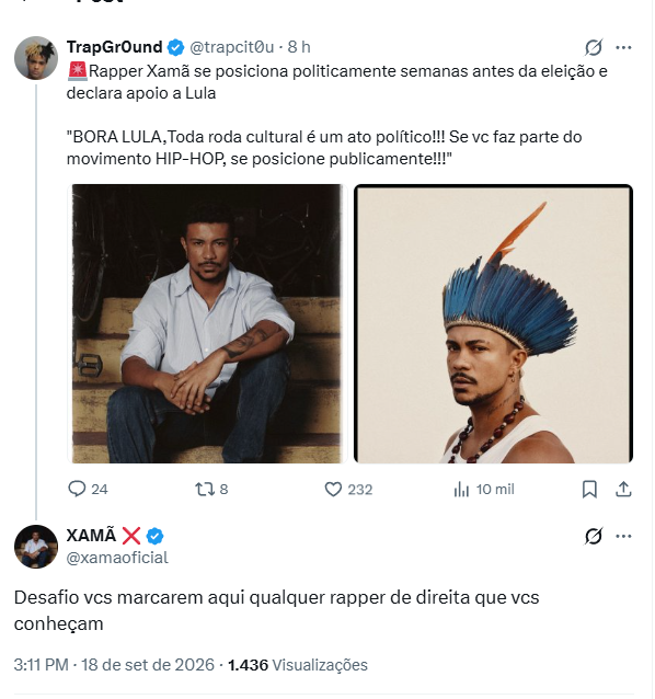 RapMais's tweet photo. 🚨APÓS DECLARAR APOIO A LULA, XAMÃ DESAFIA PÚBLICO A CITAR RAPPERS DE DIREITA

A fala veio após uma publicação da Trapground repercutir o posicionamento político do rapper e seu apoio a Lula. Nos comentários, Xamã lançou o desafio: “MARQUEM AQUI QUALQUER RAPPER DE DIREITA QUE VOCÊS CONHEÇAM.”
