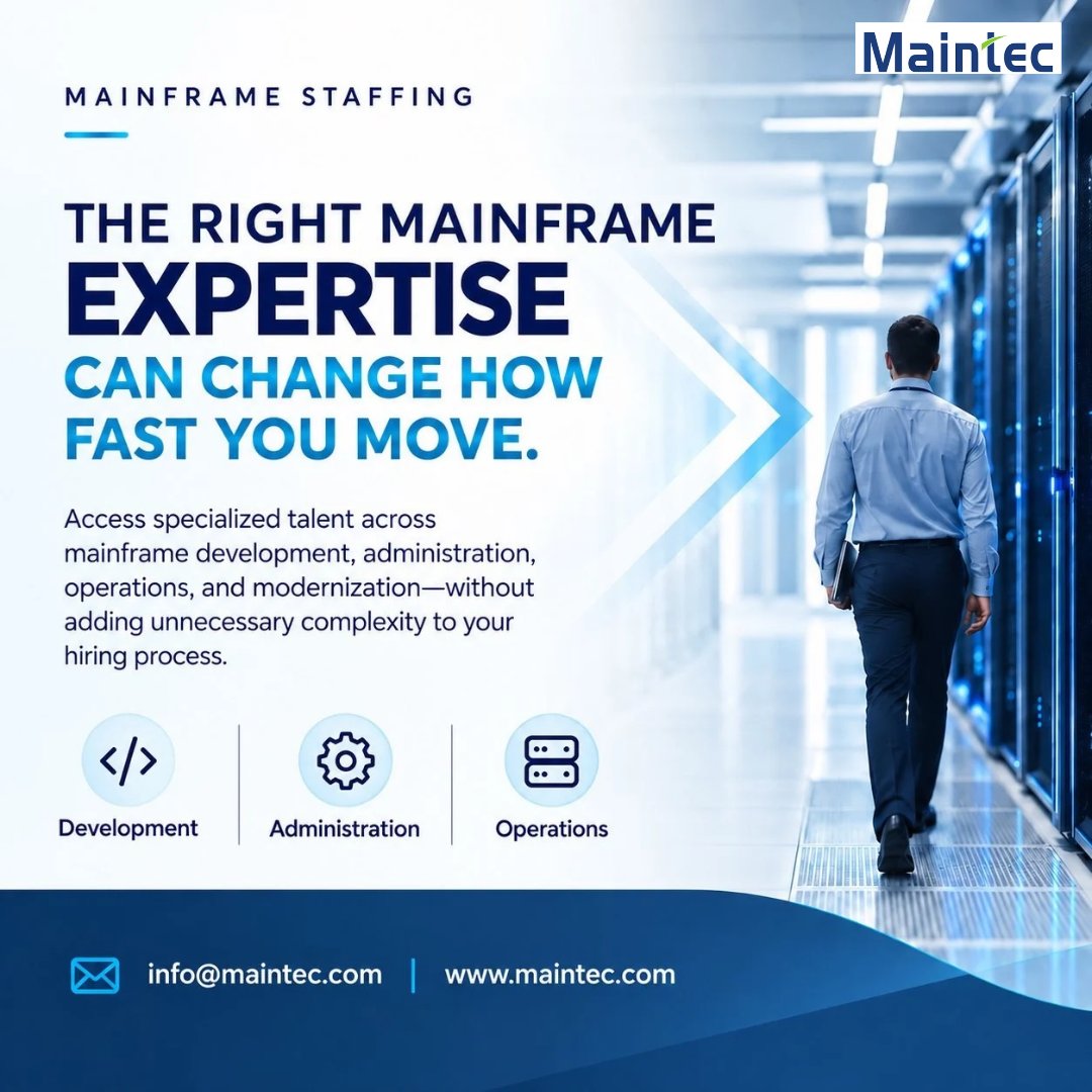 Maintec_Tech's tweet photo. Maintec’s Mainframe Staffing connects you with specialized talent across development, administration, and operations, helping you build the expertise your critical workloads need.
https://t.co/Q74HmB9SVd

#Mainframe #MainframeStaffing #IBMZ #zOS #ITStaffing #Maintec https://t.co/DsyGqqTZoU