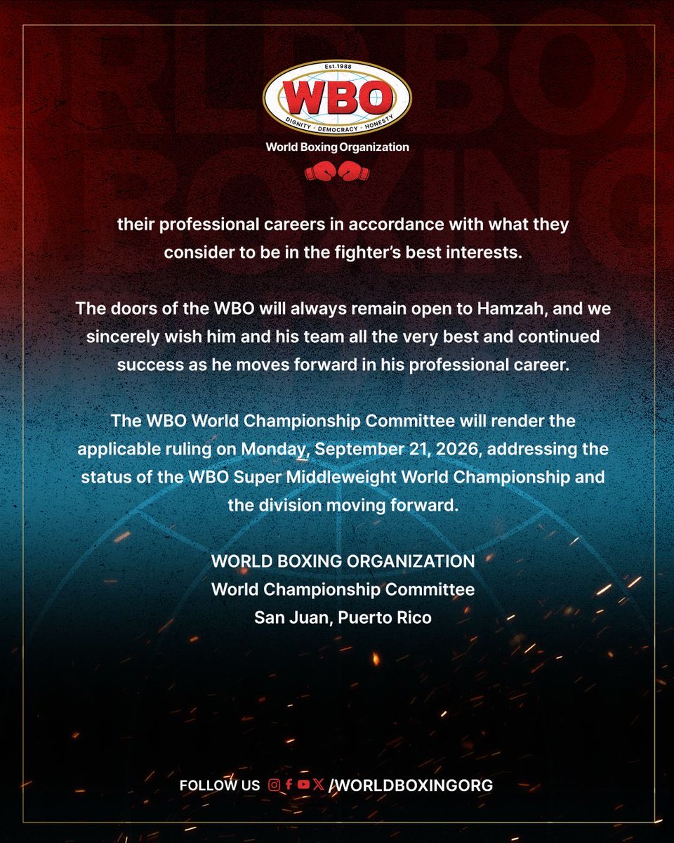 WorldBoxingOrg's tweet photo. Official Statement: Hamzah Sheeraz has voluntarily relinquished his WBO Super Middleweight World Championship.

The WBO World Championship Committee will issue its ruling on the division on Monday, September 21. https://t.co/vTVq2pL7Qm