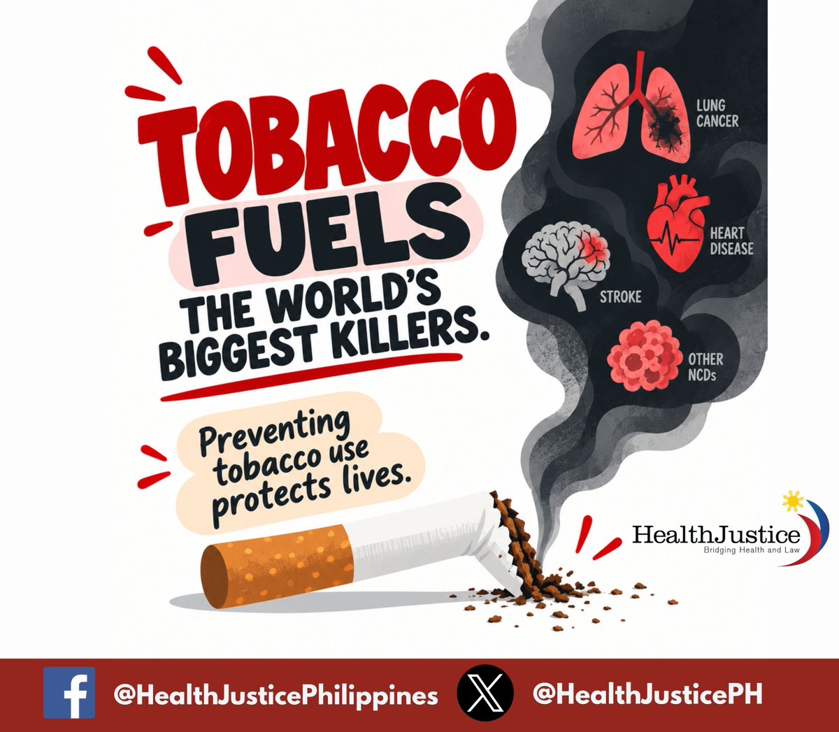 HealthJusticePH's tweet photo. Reducing tobacco use means reducing the burden of NCDs on Filipino families and our health system. Strong tobacco-control policies save lives.
#BeatNCDs #NCDPrevention https://t.co/Wa3Vj2NfjO